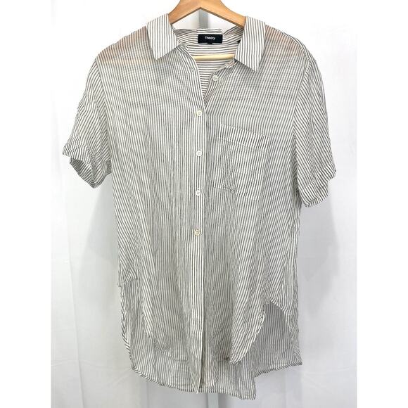 THEORY Striped Button Front Shirt Short Sleeve Hi Low Tunic Gray White EST M L - Picture 8 of 8